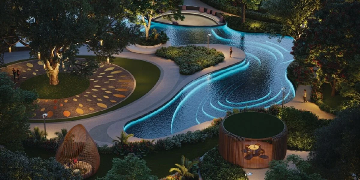 Landscaped water garden and pavilions at Smartworld GIC Lofts
